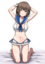 1girl absurdres bikini breasts brown_eyes brown_hair highleg highleg_panties highres kneeling large_breasts layered_clothes medium_hair original panties sailor_bikini sailor_collar side-tie_bikini_bottom side-tie_panties solo string_panties swimsuit tuskryo underwear white_background
