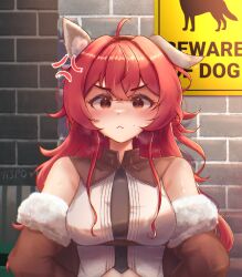 1girl :&lt; absurdres anger_vein animal_ears artist_name blush breasts brick_wall closed_mouth dog_ears english_text eris_greyrat fur-trimmed_jacket fur_trim h3p0 hair_between_eyes highres jacket large_breasts long_hair looking_at_viewer mushoku_tensei red_eyes red_hair shirt sign solo sweat upper_body warning_sign white_shirt