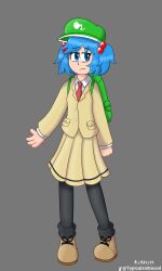 absurdres blue_eyes blue_hair cosplay exhausted full_body green_bag green_hat hat highres kappa kawashiro_nitori kuroki_tomoko kuroki_tomoko_(cosplay) neet school_uniform simple_background touhou