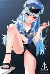 1girl absurdres artist_name badge bare_legs black_footwear black_panties black_skirt blanc_(studio_artblock) blue_eyes blue_hair blue_nails blue_shirt blue_toenails blush breasts brick_wall cleavage collared_shirt cuffs feet foot_on_table handcuff_dangle handcuffs hat head_tilt high_heels highres hololive hololive_indonesia kobo_kanaeru long_hair looking_at_viewer miniskirt name_tag naughty_face necktie open-toe_shoes panties pantyshot pencil_skirt police police_hat police_uniform policewoman shirt skirt small_breasts smile teeth toes underwear very_long_hair virtual_youtuber