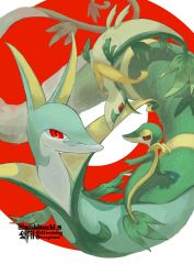 absurdres animal_focus commentary evolutionary_line gen_5_pokemon highres nashimochi_4 nintendo no_humans pokemon pokemon_(creature) red_eyes serperior servine snake snivy symbol-only_commentary twitter_username upside-down watermark white_background