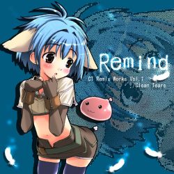 00s 1girl :3 animal_ears blue_hair blush broccoli_(company) female_focus galaxy_angel gloves hunter hunter_(ragnarok_online) inuga_anahoru mint_blancmanche poring ragnarok_online short_hair solo thighhighs zettai_ryouiki