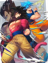 Rule 34 | biceps, black hair, blue eyes, blue sash, body fur, closed mouth, dougi, dragon ball, dragon ball gt, dragon ball super, dual persona, gloves, long hair, male focus, monkey boy, monkey tail, multiple boys, muscular, muscular male, no nipples, ommmyoh, pants, pectorals, red fur, saiyan, sash, smile, son goku, spiked hair, super saiyan, super saiyan 4, super saiyan blue, tail, twitter username, vegeta, yellow pants