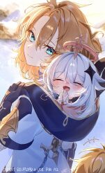 1girl 2boys absurdres aether_(genshin_impact) albedo_(genshin_impact) blonde_hair blue_eyes blue_hood blush closed_eyes commentary_request from_side genshin_impact hair_between_eyes hair_ornament halo hand_up highres hood hood_down imasaki_kei long_hair looking_at_viewer multiple_boys open_mouth own_hands_together paimon_(genshin_impact) star_(symbol) star_hair_ornament twitter_username white_hair