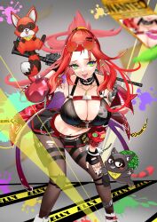 1girl akimoto8 arm_tattoo belt_collar bikini black_bikini black_collar black_gloves black_skirt breasts broken_handcuffs bullet_necklace chain cleavage collar collarbone commission dollar_sign dragon_tattoo earrings elly_(vtuber) elly_(vtuber)_(heist) eyewear_on_head fishnets gloves gold_earrings green_eyes gun hair_ornament hairclip hand_on_own_thigh handgun highres holstered indie_virtual_youtuber jewelry leaning_forward long_hair miniskirt navel pantyhose red_hair rifle shoes skeb_commission skirt swimsuit tattoo tongue tongue_out torn_clothes torn_pantyhose virtual_youtuber wanted_poster weapon white_shoes
