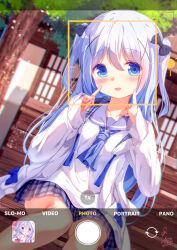 1girl artist_name bare_legs bench blue_bow blue_bowtie blue_eyes blue_hair blue_ribbon blue_sailor_collar blue_skirt blurry blurry_background blush bow bowtie chinomaron collarbone depth_of_field eyebrows_hidden_by_hair feet_out_of_frame finger_to_cheek gochuumon_wa_usagi_desu_ka? hair_between_eyes hair_bow hair_ornament hand_up highres jacket kafuu_chino light_blue_hair long_hair long_sleeves looking_at_viewer on_bench open_clothes open_jacket open_mouth outdoors plaid_clothes plaid_skirt pleated_skirt ribbon sailor_collar shirt signature sitting skirt smile solo tree twitter_username under_tree viewfinder white_shirt white_sleeves x_hair_ornament