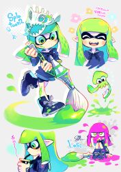 Rule 34 | 1girl, blue shorts, closed eyes, drinking, fish hat, green hair, grey background, happy, hat, highres, inkbrush (splatoon), inkling, inkling (swim form), inkling girl, inkling player character, kitaya, long hair, multiple views, neckerchief, nintendo, open mouth, pointy ears, sailor collar, shorts, splatoon (series), splatoon 2, squiggle, tentacle hair, tongue, tongue out, translation request