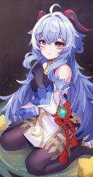 1girl absurdres ahoge alternate_hairstyle bare_shoulders bell black_gloves black_legwear blue_hair breasts chinese_knot detached_sleeves flower_knot ganyu_(genshin_impact) genshin_impact gloves gold_trim highres horns jewelry light_smile long_hair looking_at_viewer mxr neck_bell purple_eyes red_rope rope sidelocks sitting solo tassel thighlet vision_(genshin_impact) wariza white_sleeves