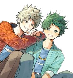 2boys alternate_costume bakugou_katsuki blonde_hair blue_pants blue_shirt boku_no_hero_academia brown_pants collared_shirt commentary_request crew_neck denim dot_nose freckles green_eyes green_shirt grin highres jacket jeans looking_at_viewer male_focus midoriya_izuku multiple_boys open_clothes open_shirt orange_jacket pants patterned_clothing print_shirt shirt short_hair simple_background sitting smile spiked_hair teeth uuuuuu808 white_background