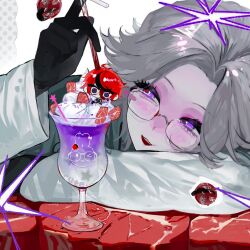 Rule 34 | 2boys, aotsuki eito, black gloves, black hair, blood, blood from forehead, blood on face, blue eyes, blush, chibi, cup, curtained hair, drawstring, drinking glass, drinking straw, dzw413600, empty eyes, eyelashes, food, glasses, gloves, grey hair, hashtag-only commentary, highres, holding, holding drinking straw, impaled, in food, jacket, last defense academy school uniform, long sleeves, male focus, mini person, miniboy, multicolored hair, multiple boys, open mouth, parted bangs, purple eyes, red hair, red pupils, school uniform, short hair, single bare shoulder, smile, streaked hair, sumino takumi, the hundred line -last defense academy-, two-tone hair, whipped cream, white jacket, wide-eyed, yaoi