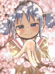 Rule 34 | 1girl, :&gt;, blue eyes, blue hair, blush, branch, cherry blossoms, cube hair ornament, dappled sunlight, flower, hair ornament, highres, looking at viewer, naganohara mio, naganoharamiomio, narrowed eyes, nichijou, outdoors, outstretched hand, pink flower, school uniform, short twintails, sidelocks, solo, sunlight, tokisadame school uniform, tree, twintails, upper body, v-shaped eyebrows