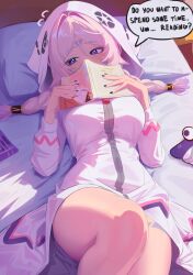1girl absurdres bed black_nails blue_eyes blush book braid breasts citlali_(genshin_impact) daniel_deves dress english_text facial_mark forehead_mark genshin_impact hair_between_eyes hair_intakes hat highres holding holding_book knee_up large_breasts long_hair long_sleeves looking_to_the_side lying nail_polish on_back on_bed open_book pillow pink_hair pink_pupils solo speech_bubble thighs triangle triangle_facial_mark twin_braids white_dress white_hat