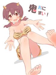 1girl :d absurdres alternate_costume animal_print bandeau bare_arms bare_legs bare_shoulders barefoot bikini blush breasts brown_hair cleavage collarbone commentary cone_horns copyright_name dot_nose feet hair_between_eyes highres horns large_breasts long_hair looking_at_viewer low_twintails multicolored_hair murosaki_miyo onii-chan_wa_oshimai! open_mouth outstretched_arms panties pon_sugar print_bandeau print_bikini print_skirt pun red_eyes red_hair revision setsubun simple_background sitting skirt smile soles solo swimsuit tiger_print toes translated twintails two-tone_hair underwear white_background white_panties