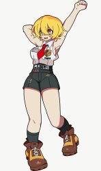 1girl absurdres armpits black_shorts black_socks blonde_hair blush boots breasts brooch brown_boots don_quixote_(project_moon) full_body hair_between_eyes highres jewelry kekeken large_breasts limbus_company necktie open_mouth project_moon red_necktie shirt short_hair shorts sidelocks simple_background sleeveless sleeveless_shirt smile socks solo sweat white_background yellow_eyes