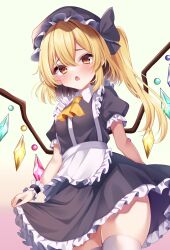 1girl :o black_dress black_hat blonde_hair blush cowboy_shot crystal_wings dress flandre_scarlet hat highres long_hair maid mob_cap red_eyes shirotsuki_shirone side_ponytail simple_background skindentation solo thighhighs touhou white_thighhighs