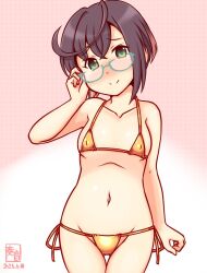 1girl aqua-framed_eyewear artist_logo bikini black_hair collarbone covered_erect_nipples cowboy_shot dated glasses gradient_background green_eyes kanon_(kurogane_knights) kantai_collection logo micro_bikini multicolored_hair okinami_(kancolle) one-hour_drawing_challenge pink_background pink_hair short_hair side-tie_bikini_bottom smile solo standing swimsuit thigh_gap