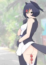 1girl anal anal_beads anal_object_insertion ass backless_pants barn_swallow_(kemono_friends) bird_girl bird_tail bird_wings black_eyes black_gloves black_hair black_pantyhose black_shirt black_wings blonde_hair blurry blurry_background blush breasts closed_mouth commentary cowboy_shot english_commentary feathered_wings flying_sweatdrops gloves head_wings highres illu_(illu_stratos) index_finger_raised kemono_friends looking_at_viewer looking_back masturbation medium_breasts multicolored_hair no_panties object_insertion pants pantyhose pleated_skirt public_indecency public_masturbation sex_toy shirt short_hair skirt sleeveless sleeveless_shirt smile solo tail tree two-tone_shirt white_shirt white_skirt wings