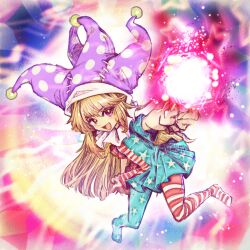 Rule 34 | 1girl, :d, american flag dress, american flag legwear, blonde hair, clownpiece, commentary request, demekko-222, fairy wings, foreshortening, full body, hat, highres, holding, holding torch, jester cap, long hair, looking at viewer, neck ruff, no shoes, open mouth, outstretched arm, polka dot headwear, purple eyes, purple hat, short sleeves, smile, solo, star (symbol), torch, touhou, wings