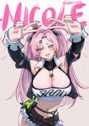 1girl absurdres adammaarr amillion_(zenless_zone_zero) artist_name bangboo_(zenless_zone_zero) blush breasts character_name cleavage crop_top double_v fur_trim hair_ornament hairclip highres large_breasts long_hair looking_at_viewer midriff mole mole_on_breast navel nicole_demara open_mouth pink_hair short_shorts shorts smile solo stuffed_toy v very_long_hair zenless_zone_zero