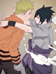 2boys armband arms_around_neck bandages belt black_eyes black_hair blonde_hair blue_eyes blue_pants closed_mouth collared_shirt commentary_request facial_mark frown highres jacket male_focus mi73suki multiple_boys naruto_(series) naruto_shippuuden orange_jacket pants partially_unzipped popped_collar rope_belt shirt short_hair short_sleeves sideburns smile smoke uchiha_sasuke uzumaki_naruto whisker_markings yaoi zipper