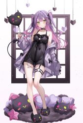 1girl balloon bibi_(tokoyami_towa) black_choker black_pajamas bow bow_earrings breasts cardigan center-flap_bangs choker colored_inner_hair commentary_request demon_girl demon_tail double-parted_bangs earrings empire_waist frilled_pajamas frills full_body garter_straps green_eyes grey_cardigan hair_ornament hairclip highres holding holding_balloon hololive jewelry leg_tattoo long_hair looking_at_viewer multicolored_hair o-ring o-ring_thigh_strap off_shoulder pajamas pink_hair pointy_ears purple_hair sa-ya2 sleepwear small_breasts solo streaked_hair tail tattoo thigh_strap tokoyami_towa two_side_up virtual_youtuber x_hair_ornament
