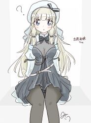 Rule 34 | 1girl, ?, absurdres, armband, arms at sides, artist name, assault lily, belt, belt buckle, beret, black dress, black ribbon, blonde hair, blue armband, blue eyes, blunt bangs, blush, bodystocking, bow, bowtie, breasts, brown pantyhose, buckle, character name, commentary, dress, feet out of frame, grey background, hat, hat bow, highres, juliet sleeves, layered dress, long hair, long sleeves, looking at viewer, low-tied sidelocks, medium breasts, misau, o-ring, o-ring belt, pantyhose, parted lips, puffy sleeves, red bow, red bowtie, ribbon, school uniform, see-through cleavage, see-through clothes, shrug (clothing), sidelocks, sitting, sleeve ribbon, solo, strapless, strapless dress, striped bow, tachihara sayu, translated, two-tone background, very long hair, white background, white dress, white hat, white shrug, yurigaoka girls academy school uniform