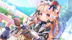 1girl alloces_(angelic_link) angelic_link animal_ear_fluff animal_ears black_bow black_dress blue_sky blush bow braid brown_hair chair closed_mouth commentary_request cross-shaped_pupils cup day dress dutch_angle flower hair_bow holding holding_cup holding_saucer long_hair long_sleeves looking_at_viewer official_art on_chair outdoors puffy_long_sleeves puffy_sleeves red_eyes red_flower red_rose rose saucer siera_(sieracitrus) sitting sky smile solo symbol-shaped_pupils table teapot very_long_hair white_bow white_flower white_rose