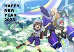 2023 2boys 2girls area_zero arven_(pokemon) black_footwear black_socks blue_hair boots breast_pocket brown_footwear brown_hair cocoloco commentary_request day florian_(pokemon) grey_headwear grey_shirt happy_new_year hat holding_another&#039;s_wrist hood hood_down hoodie kneehighs legendary_pokemon miraidon multicolored_hair multiple_boys multiple_girls necktie nemona_(pokemon) new_year nintendo outdoors pantyhose penny_(pokemon) pocket poke_ball_print pokemon pokemon_(creature) pokemon_sv ponytail purple_necktie purple_shorts red_hair riding riding_pokemon round_eyewear school_uniform shirt shoes short_sleeves shorts socks two-tone_hair uva_academy_school_uniform vest yellow_vest
