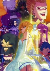 3girls 5boys archer_(fate) armor artoria_pendragon_(fate) aura bare_shoulders blonde_hair bow club3 cu_chulainn_(fate) cu_chulainn_(fate/stay_night) dress earrings elbow_gloves excalibur_(fate/stay_night) fate/stay_night fate_(series) gilgamesh_(fate) gloves glowing glowing_eye green_eyes hair_bow hair_slicked_back heracles_(fate) hood jewelry katana lance long_hair looking_at_viewer medea_(caster)_(fate) medea_(fate) medusa_(fate) medusa_(rider)_(fate) multiple_boys multiple_girls official_alternate_costume one_eye_closed open_mouth planted planted_sword planted_weapon polearm ponytail profile purple_hair red_eyes saber_(fate) sasaki_kojirou_(fate) silver_hair smile sword weapon white_dress