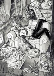 Rule 34 | 2boys, belt, book, cape, cassette player, cigarette, cinq association west uniform, collared shirt, curtains, fireplace, flaw eight, glasses, gregor (project moon), greyscale, highres, indoors, lantern, limbus company, low ponytail, lying, mechanical arms, meursault (project moon), monochrome, multiple boys, necktie, on back, open mouth, pants, pillow, plant, ponytail, potted plant, project moon, shirt, single mechanical arm, sword, weapon, window, zwei association south uniform, zweihander
