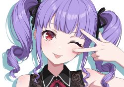 1girl bang_dream! blush commentary_request drill_hair highres long_hair looking_at_viewer neck_ribbon one_eye_closed open_mouth portrait purple_hair red_eyes red_ribbon ribbon sidelocks solo temple_o_dragon tongue tongue_out twin_drills udagawa_ako v v_over_eye