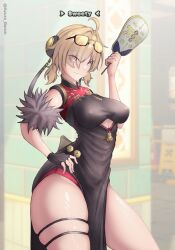 1girl absurdres ahoge azura_anblue black_dress black_gloves blonde_hair breasts character_name china_dress chinese_clothes closed_mouth clothing_cutout dress fingerless_gloves gloves hand_fan hand_on_own_hip highres holding holding_fan large_breasts looking_at_viewer medium_hair smile solo sunglasses sweety_(zenless_zone_zero) thigh_strap underboob_cutout yellow_eyes zenless_zone_zero