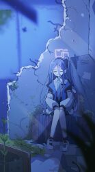 Rule 34 | 1girl, aris (blue archive), black hair, black hairband, blue archive, blue necktie, closed eyes, closed mouth, collared shirt, hair between eyes, hairband, halo, jacket, long hair, long hair between eyes, long sleeves, multicolored jacket, necktie, one side up, rectangular halo, shibumenigai, shirt, shoes, sitting, solo, very long hair, white shirt, white shoes