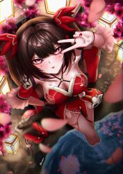 1girl absurdres armpits blush breasts cleavage detached_sleeves ernixx full_body hair_between_eyes highres honkai:_star_rail honkai_(series) long_hair long_sleeves looking_at_viewer mole red_eyes sandals smile solo sparkle sparkle_(honkai:_star_rail) thighs tongue tongue_out twintails v