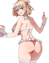 ass back bikini blonde_hair bow_(bhp) breasts commentary_request food frilled_bikini frills from_behind highres holding holding_pen holding_plate large_breasts looking_at_viewer looking_back lycoris_recoil nishikigi_chisato open_mouth pen pink_bikini plate red_eyes short_hair sideboob swimsuit thighhighs thighs white_thighhighs