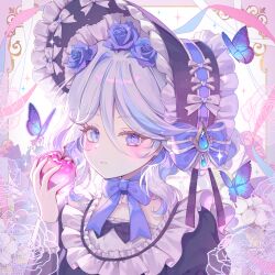 1girl apple black_bow blue_bow blue_butterfly blue_eyes blue_flower blue_gemstone blue_hair blue_pupils blush bonnet bow bug butterfly chin_strap commentary drop-shaped_pupils flower food frilled_bonnet frills fruit furina_(genshin_impact) gem genshin_impact hair_between_eyes hair_flower hair_ornament hand_up hayun heterochromia highres holding holding_food holding_fruit insect long_sleeves looking_at_viewer medium_hair multicolored_hair parted_lips solo streaked_hair symbol-shaped_pupils teardrop-shaped_gem twitter_username upper_body white_flower white_hair