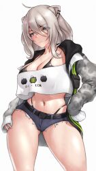 1girl adapted_costume ahoge animal_ear_piercing animal_ears averting_eyes black_bra black_jacket black_panties black_shorts bra bra_peek breasts camouflage camouflage_jacket cleavage commentary contrapposto crop_top crop_top_overhang cropped_shirt curvy english_commentary fang fang_out gluteal_fold grey_background grey_eyes grey_hair grey_jacket hair_between_eyes hand_on_own_hip hand_on_own_thigh highres hololive jacket large_breasts lion_ears long_hair long_hair_between_eyes long_sidelocks looking_to_the_side loose_clothes loose_shirt messy_hair micro_shorts midriff narrow_waist navel navel_piercing official_alternate_costume official_alternate_hairstyle open_clothes open_jacket panties panty_straps piercing see-through_cleavage see-through_clothes shirt shishiro_botan shishiro_botan_(casual) shorts sidelocks simple_background skin_fang skindentation skylock solo stomach thick_thighs thighs thong torn_clothes torn_shorts two-sided_fabric two-sided_jacket underwear virtual_youtuber white_shirt wide_hips