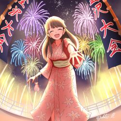 Rule 34 | 1girl, :d, ^ ^, absurdres, aerial fireworks, banner, blush, breasts, brown hair, closed eyes, commentary request, facing viewer, fireworks, floral print, floral print kimono, fujishima megumi, highres, japanese clothes, kimono, large breasts, lily print, link! like! love live!, long hair, love live!, night, obi, offering hand, open mouth, outstretched arm, pink kimono, print kimono, sash, smile, solo, summer festival, twitter username, virtual youtuber, yellow sash, yukiti ll