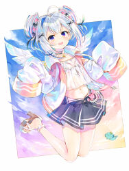 1girl :d ahoge amane_kanata amane_kanata_(summer) axolotl bikini black_bow black_skirt blue_eyes blue_hair bow bow_skirt breasts choker cloud double-parted_bangs double_bun double_horizontal_stripe drawstring feathered_wings front-tie_bikini_top front-tie_top full_body gradient_eyes gradient_sky grey_hair hair_bow hair_bun hair_intakes hair_ornament hairclip hashtag-only_commentary high_heel_sandals highres hololive jacket kei_(keigarou) long_sleeves miniskirt multicolored_eyes multicolored_hair multiple_hair_bows navel official_alternate_costume official_alternate_hairstyle open_clothes open_jacket open_mouth pink_bow pink_eyes pink_hair pleated_skirt purple_eyes see-through_clothes see-through_shirt shirt short_hair skirt sky sleeves_past_fingers sleeves_past_wrists small_breasts smile star_(sky) string_of_pearls swimsuit teeth twilight upao_(amane_kanata) upper_teeth_only virtual_youtuber white_bikini white_choker white_wings wings x_hair_ornament