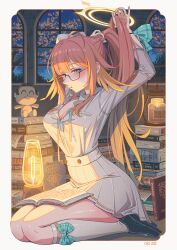 1girl adjusting_hair arms_behind_head arms_up blue_archive book book_stack bow_legwear doodle_sensei_(blue_archive) feather_hair full_body glasses halo highres iohc_choi loafers long_hair looking_at_viewer night orange_hair pleated_skirt seiza sensei_(blue_archive) shimiko_(blue_archive) shirt shirt_tucked_in shoes sitting skirt socks solo stuffed_toy white_shirt white_skirt white_socks yellow_halo