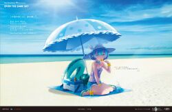 1girl beach black_(artist) blue_camisole blue_hair blue_shorts breasts camisole eating fate/grand_order fate_(series) food hat highres innertube locusta_(fate) looking_at_viewer official_art popsicle purple_eyes sandals short_hair shorts small_breasts solo sun_hat swim_ring white_hat