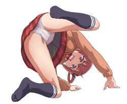 Rule 34 | 1girl, black socks, calpara, cameltoe, gabriel dropout, highres, no shoes, open mouth, panties, pussy juice stain, red hair, satanichia kurumizawa mcdowell, school uniform, simple background, socks, spread legs, stained panties, underwear, white panties