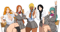 5girls alternate_costume arrancar black_hair bleach blonde_hair braid braided_ponytail bread breast_tattoo breasts brown_eyes chain chain_necklace chair colored_eyelashes crossed_legs dark-skinned_female dark_skin dr_octojuice eating espada facial_mark female_focus food green_eyes green_hair highres holding holding_pen inoue_orihime jewelry karakura_high_school_uniform large_breasts long_hair mask mask_on_head matsumoto_rangiku mature_female medium_hair mole mole_under_mouth multiple_girls necklace nelliel_tu_odelschwanck number_tattoo orange_hair pen raising_hand simple_background skull_on_head tattoo tier_harribel unohana_retsu white_background