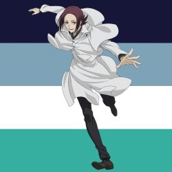 1girl black_shirt brown_eyes brown_hair female_focus full_body happy higemaru_touma jacket long_hair multicolored_background shirt tokyo_ghoul white_jacket