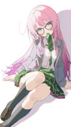 1girl absurdres bang_dream! bang_dream!_it&#039;s_mygo!!!!! black_socks brown_shoes chihaya_anon coria glasses green_necktie grey_jacket highres jacket kneehighs loafers long_hair long_sleeves looking_at_viewer mouth_hold necktie open_clothes open_jacket pink_hair school_uniform shadow shirt shoes simple_background sitting socks solo white_background white_shirt