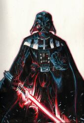 1boy black_cape black_gloves black_helmet black_pants cape darth_vader drwsnt energy_sword gloves helmet highres holding holding_sword holding_weapon lightsaber pants red_lightsaber simple_background solo star_wars sword weapon white_background