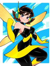 1girl 333_(dqqqdle) avengers_(series) blue_eyes breasts brown_hair cleavage gloves highres insect_wings janet_van_dyne looking_at_viewer marvel medium_breasts short_hair smile solo superhero_costume the_avengers:_earth&#039;s_mightiest_heroes! thighs wasp_(marvel) wings