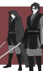 1boy anakin_skywalker belt brown_hair cloak commentary energy_sword highres holding holding_sword holding_weapon hood hooded_cloak kkulgae_(mary0205) lightsaber multiple_views red_background scar simple_background sith spot_color star_wars sword symbol-only_commentary weapon yellow_eyes