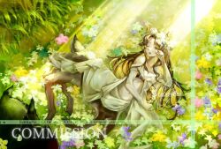 1girl ;d animal_ears artist_name brown_hair carbuncle_(reverse:1999) centaur commission deer_ears deer_girl deer_tail ear_tag flower flower_wreath from_above full_body grass green_eyes hand_up jessica_(reverse:1999) long_hair lying midriff navel on_grass on_side one_eye_closed open_mouth pink_flower plant purple_flower reverse:1999 scenario shirt smile solo sunlight tail taur too_many_flowers watermark white_flower white_shirt