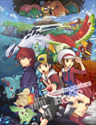 00s 1girl 4boys alternate_costume autumn_leaves azurebloom backpack bad_id bad_pixiv_id bag baseball_cap bird blastoise celebi charizard chikorita cloud copyright_name creatures_(company) cyndaquil dragon entei ethan_(pokemon) fire game_freak gen_1_pokemon gen_2_pokemon hat ho-oh holding holding_poke_ball lance_(pokemon) leaf legendary_pokemon lightning lugia lyra_(pokemon) magic_circle mountain multiple_boys mythical_pokemon nintendo pagoda pikachu poke_ball poke_ball_(basic) pokemon pokemon_(creature) pokemon_frlg pokemon_hgss raikou red_(pokemon) red_(pokemon_frlg) silver_(pokemon) sparkle starter_pokemon_trio suicune totodile train venusaur water wings